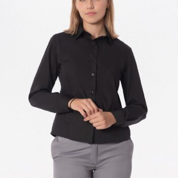 Γυναικείο πουκάμισο επαγγελματικής ένδυσης CHEMISE AXON μακρυμάνικο σε μαύρο χρώμα με μεσάτη γραμμή για HORECA και προσωπικό υποδοχής.