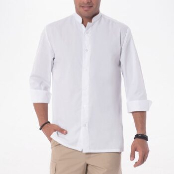 Unisex πουκάμισο επαγγελματικής ένδυσης CHIELLINI AXON σε άσπρο χρώμα με γιακά ΜΑΟ και αναδιπλούμενα μανίκια για HORECA και προσωπικό υποδοχής.