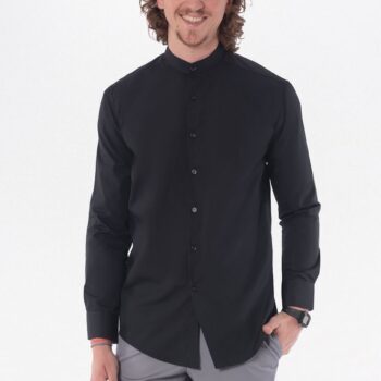 Ανδρικό πουκάμισο επαγγελματικής ένδυσης POLSINO AXON σε μαύρο χρώμα, μακρυμάνικο με γιακά τύπου ΜΑΟ ιδανικό για HORECA.