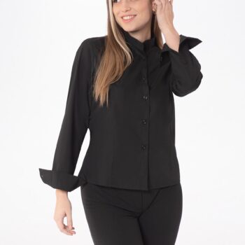 Γυναικείο πουκάμισο επαγγελματικής ένδυσης VOGUE AXON σε μαύρο χρώμα, μακρυμάνικο με γιακά τύπου ΜΑΟ για HORECA και προσωπικό υποδοχής.