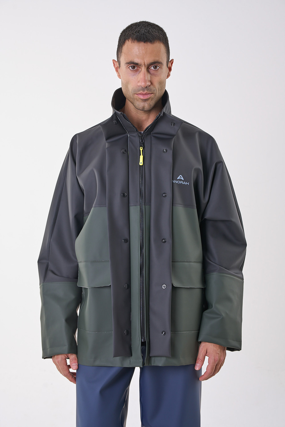 Road® long Anorak μαύρο & πράσινο λαδί